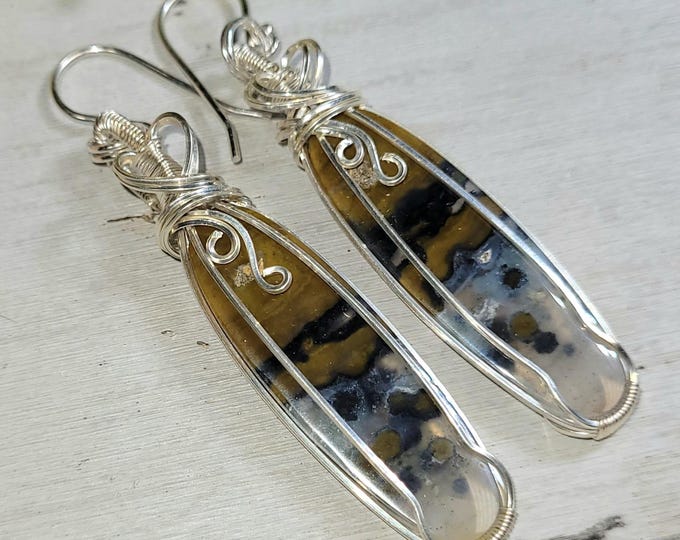 Moss Agate Sterling Silver Wire Wrapped Earrings: Handmade Statement Jewelry