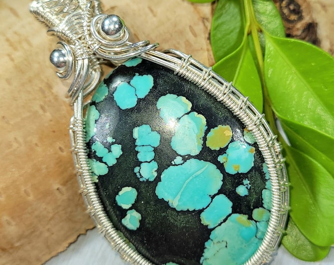 Tibetan Turquoise Pendant, Tibetan Turquoise Wire Wrapped Pendant, .925 Sterling Silver Wire Wrapped, , Handmade Turquoise Pendant FE16
