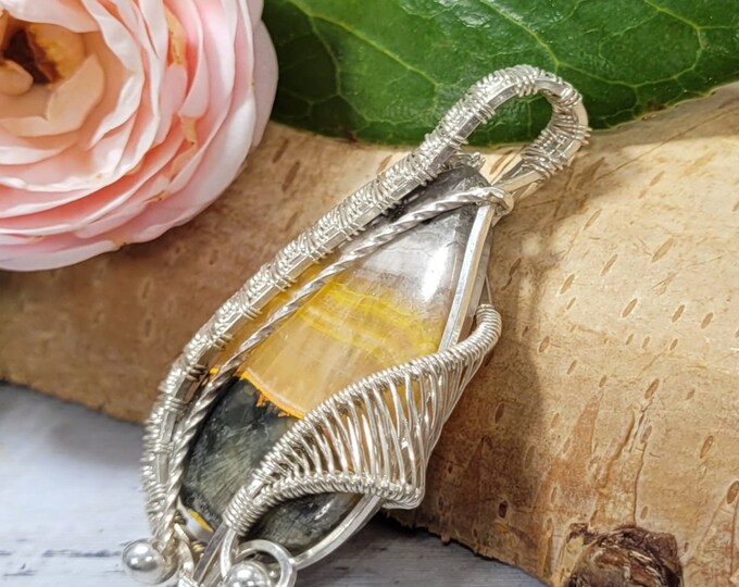 Bumblebee Jasper Pendant, Bumblebee Jasper Hand Wire Wrapped Sterling Silver Pendant, Statement Pendant, Gift for Her, DT. Handmade Pendant