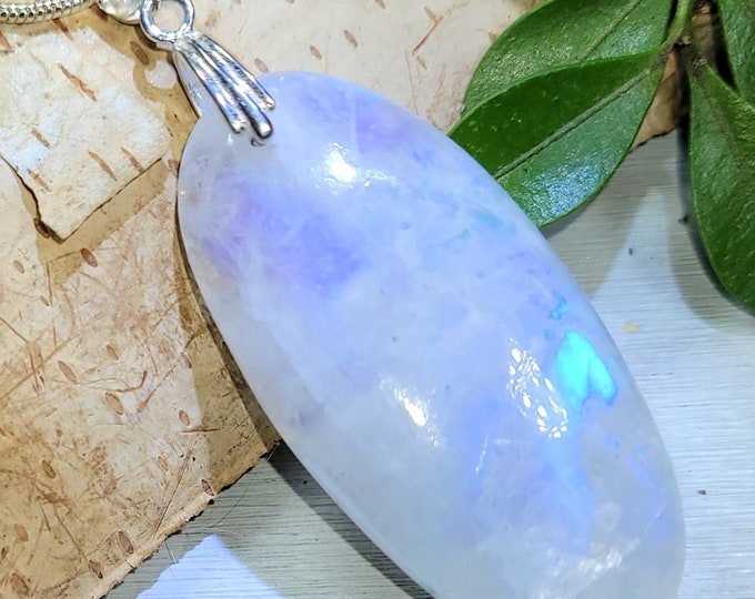 Natural High Quality Rainbow Moonstone Oval Cabochon 50ct .925 Sterling Silver Pendant 2 1/8" x 3/4" AS06 Sterling Silver Bail