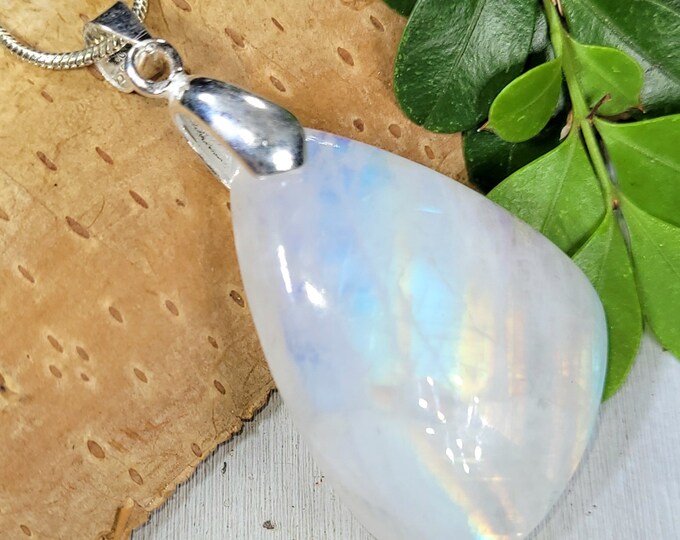 Moonstone Pendant, Rainbow Moonstone Freeform Cabochon Sterling Silver Pendant, Multi Flash Moonstone, Gift for Her, Handmade Pendant, FS60