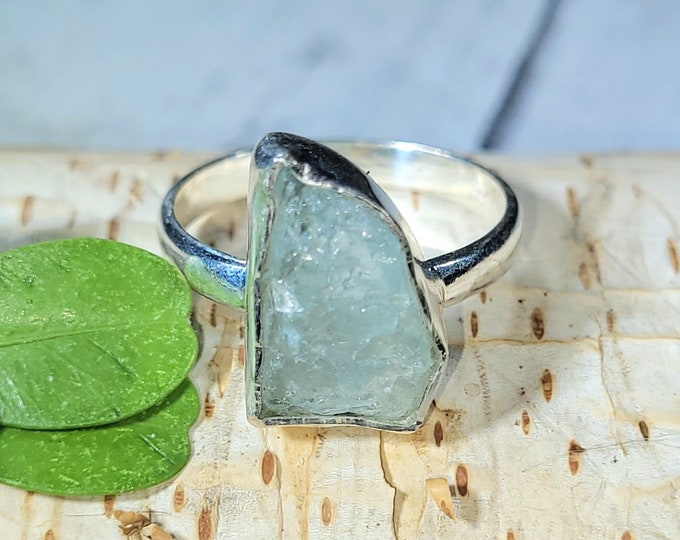 Natural Raw Rough Cut Aquamarine Handmade .925 Sterling Silver Ring Size 9 1/4 4.3 Grams 1/2" x 3/8" BA18