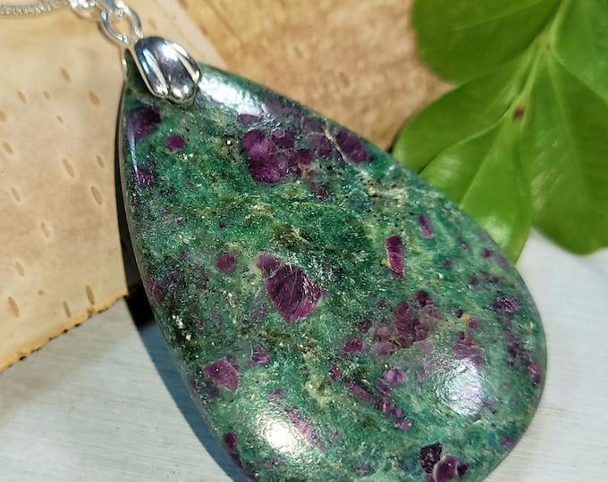 Natural Good Quality Grade Ruby Fuchsite Pear Cabochon .925 Sterling Silver Pendant Rhodium Sterling Silver Bail Gift for Her Genuine CJ03