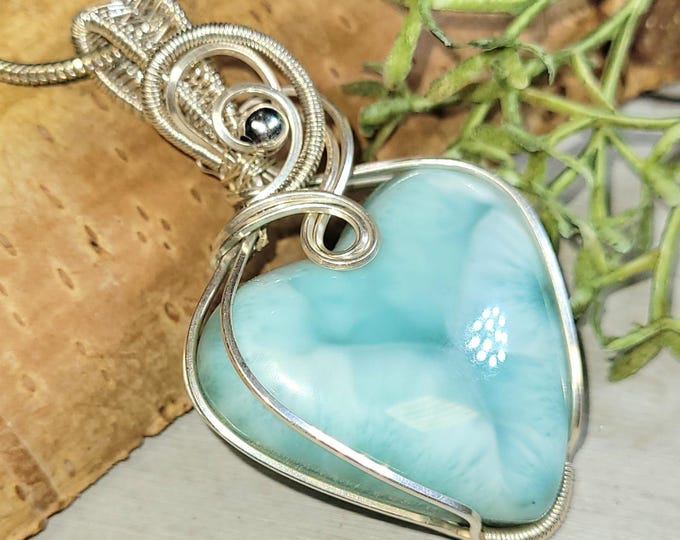 Larimar Pendant, Larimar Hand Wrapped Sterling Silver Pendant, Larimar Heart Sterling Silver Pendant, Statement Pendant, Gift for Her, HM14