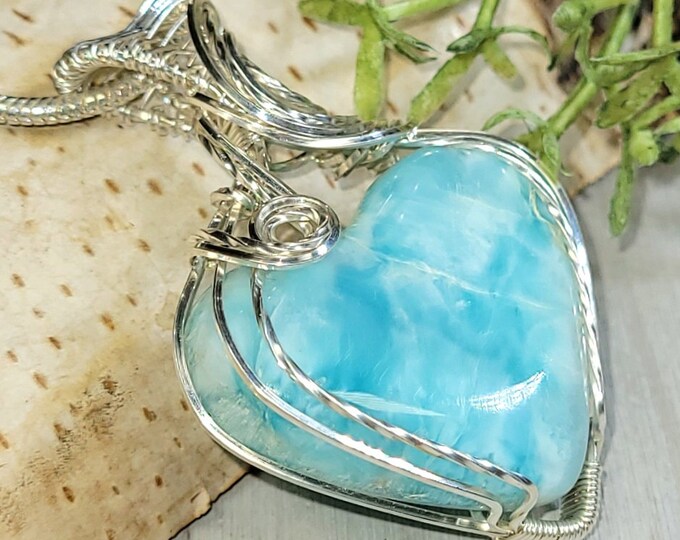 Larimar Pendant, Larimar Hand Wrapped Sterling Silver Pendant, Larimar Heart Sterling Silver Pendant, Statement Pendant, Gift for Her, HC11