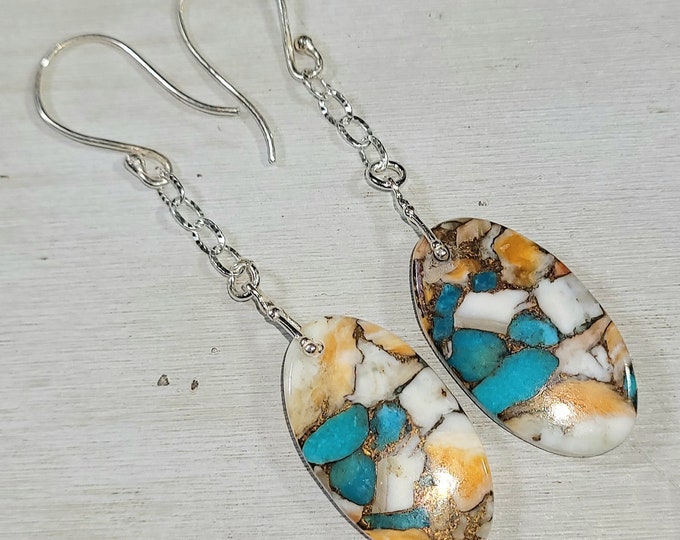 Natural Top Grade Spiny Oyster Turquoise .925 Sterling Silver Chain Dangle Earrings 2 1/2" x 9/16" EM19