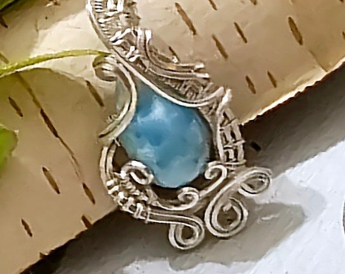 Natural Premium Grade Larimar Hand Wrapped .925 Sterling Silver Pendant 1 1/2" x  3/4" FW35 Handmade Wrapped Solid Sterling Silver
