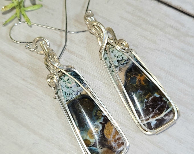 Multi Color Opalized Earrings, Opalized Sterling Silver Wire Wrapped Earrings, Petrified Wood Earrings, Handmade Earrings, Gift for Her GE32