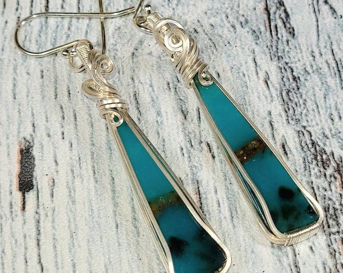 Blue Opalized Earrings, Petrified Wood Earrings, Sterling Silver Wire Wrapped Opalized Earrings, Sterling Silver Blue Opal Earrings JC13