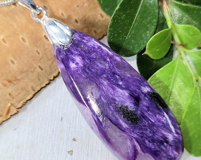 Natural AAA Charoite Pear Cabochon .925 Sterling Silver Pendant  2" x 5/8", Solid Sterling Silver Rhodium Plated Bail, Resist Tarnishing, FS
