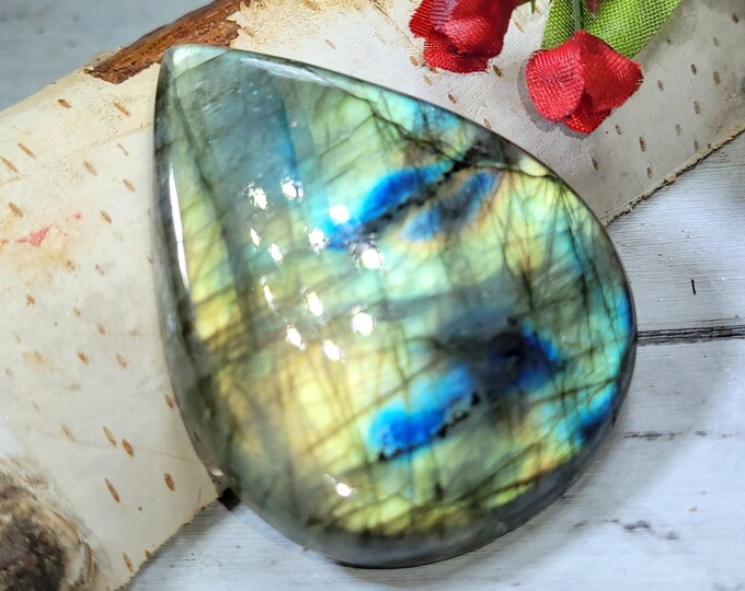 Natural High Grade Multi-Flash Labradorite Pear Cabochon 115ct 23 Grams 44mm x 38mm Wire Wrapping, Weaving or Pendant, Collector DA12