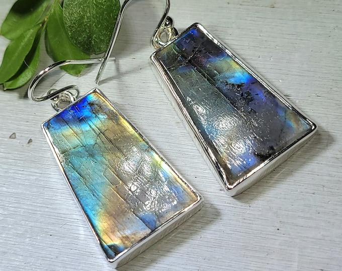 Natural Best Grade Multi Fire Labradorite Handmade .925 Sterling Silver Earrings 9 Grams 1 9/16" x 5/8" AQ26