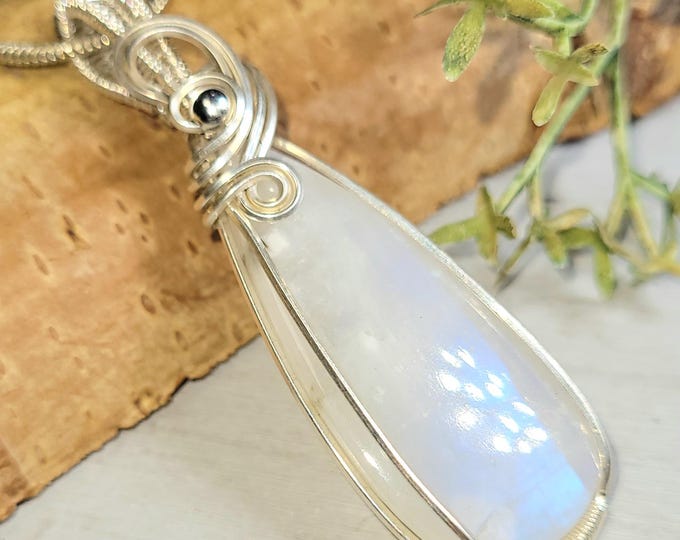 Handmade Sterling Silver Rainbow Moonstone Pendant - Wire Wrapped