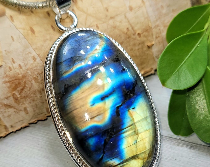 Natural High Grade Multi Flash Labradorite Handmade Oval .925 Sterling Silver Pendant 2" x 7/8" 14 Grams CT14 Gift for Her