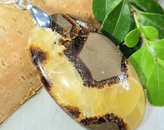 Septarian Pendant, Septarian Sterling Silver Pendant, Yellow Septarian Oval Pendant, Handmade Yellow Septarian Pendant, Gift for Her, FS52