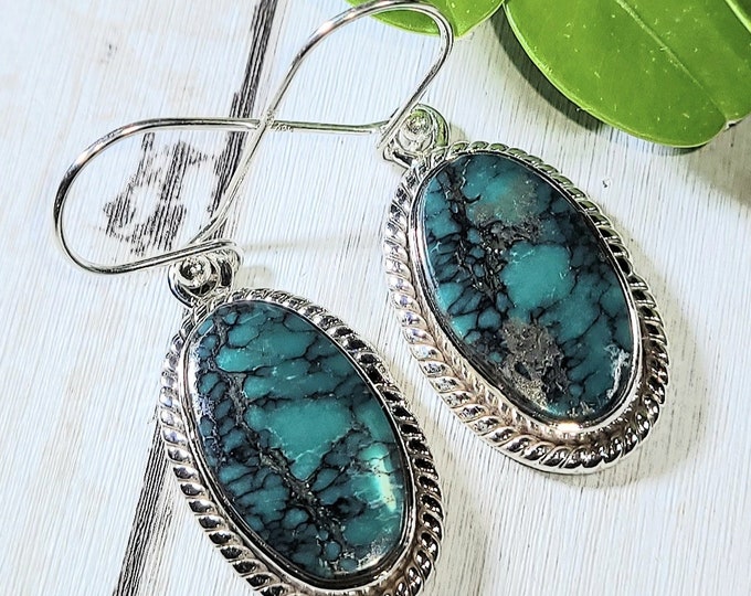 Natural Top Quality Tibet Turquoise .925 Sterling Silver Earrings 8 Grams 1 1/2" x 9/16" ER28