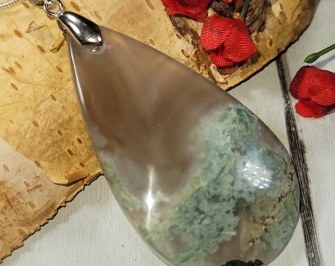 Natural AAA Green & Purple Moss Agate  Cabochon Handmade .925 Sterling Silver Pendant 2 1/2" x 1 1/8" DC03 Solid Sterling Silver Bail