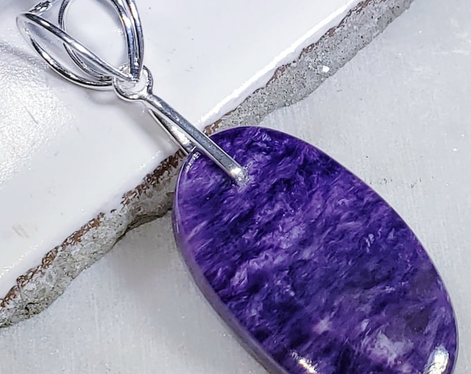 Natural AAA Charoite Oval Cabochon .925 Sterling Silver Pendant measures 2 5/16" x 3/4" EB29 Sterling Silver Heavy Duty Designer Bail