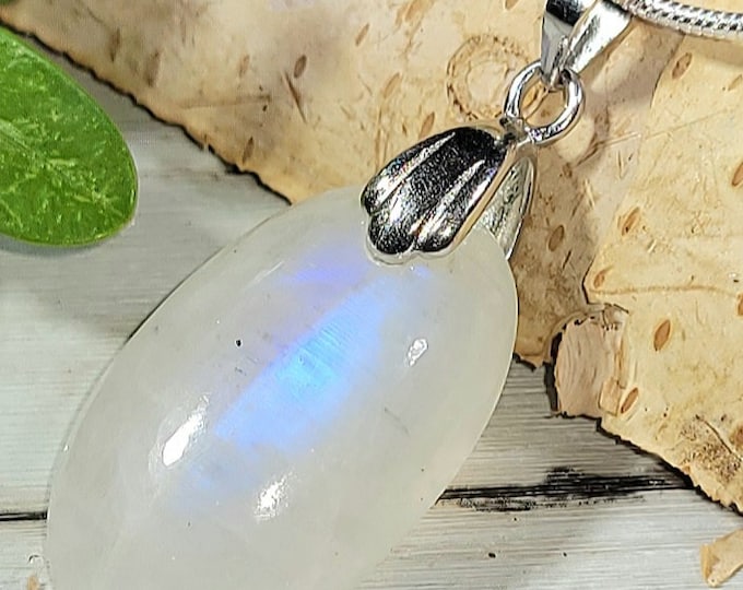 Natural AA Grade Blue Flash Moonstone Cabochon .925 Sterling Silver Pendant 1 1/2" x 5/8" EY13 Sterling Silver Rhodium Plated  Bail