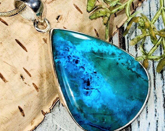 Chrysocolla Sterling Silver Pendant; Pear Chrysocolla Statement Pendant; KB25