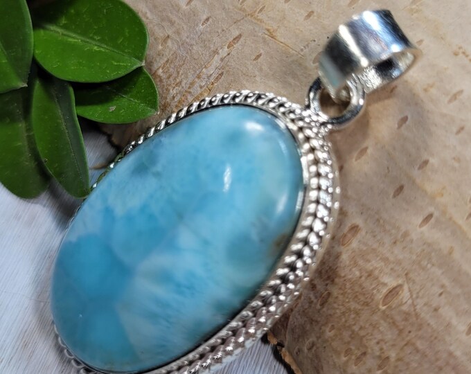 Natural High Quality Dominican Larimar Handmade Oval .925 Sterling Silver Pendant 1 1/2" x 7/8" 10 Grams CO30 Gift for Her