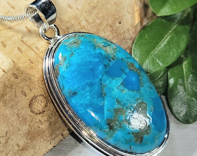 Natural Premium Grade Arizona Kingman Turquoise Oval Handmade .925 Sterling Silver Pendant 1 7/8" x 7/8" 10 grams CF42