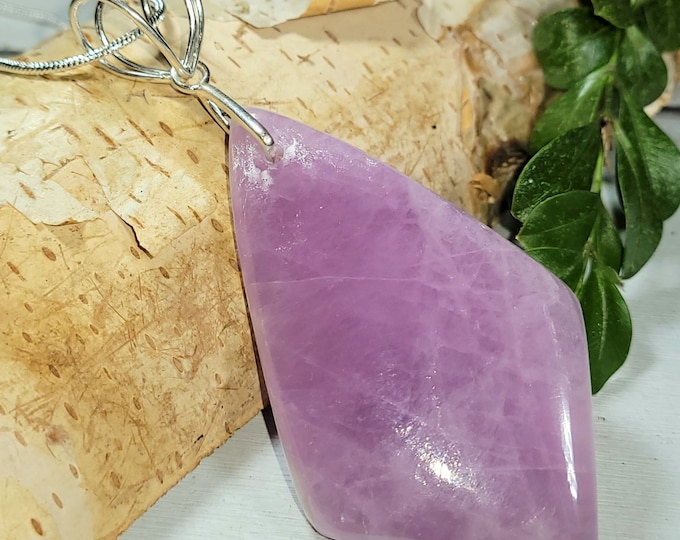 Natural Large Rare Kunzite Cabochon .925 Sterling Silver Pendant 3" x 1 1/4" 100ct 22 Grams AT15 Heavy Duty Designer Sterling Silver Bail
