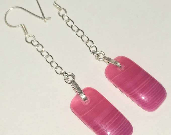 Natural Pink Banded Agate .925 Sterling Silver Chain Dangle Earrings 2 7/8" x 1/2" EC04