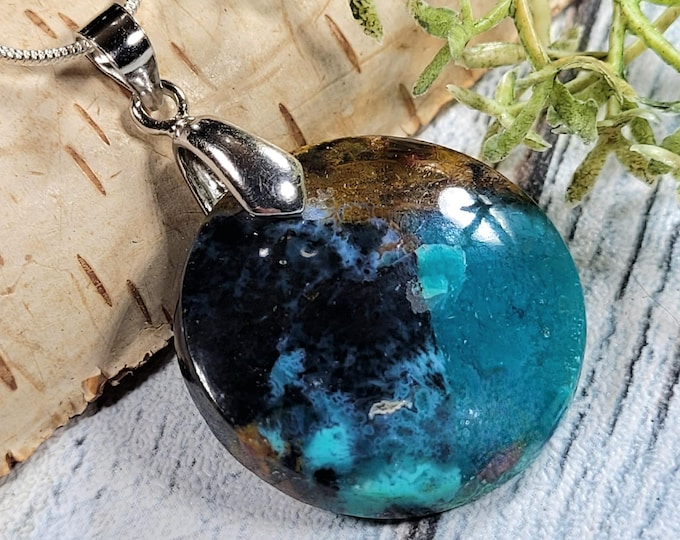Handmade Blue Opalized Wood Sterling Silver Pendant; Round Blue Opalized Wood Pendant; KA07