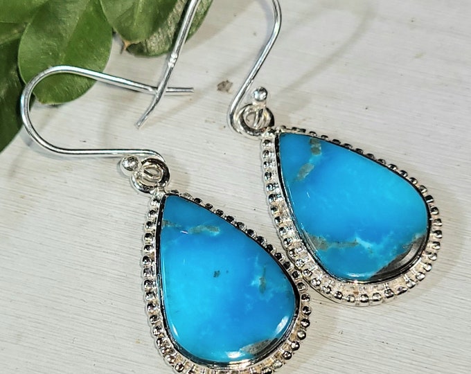 Natural Premium Grade Arizona Kingman Turquoise Pear Handmade .925 Sterling Silver Earrings 6 Grams 1 1/2" x 5/8" CH33 Gift for Her
