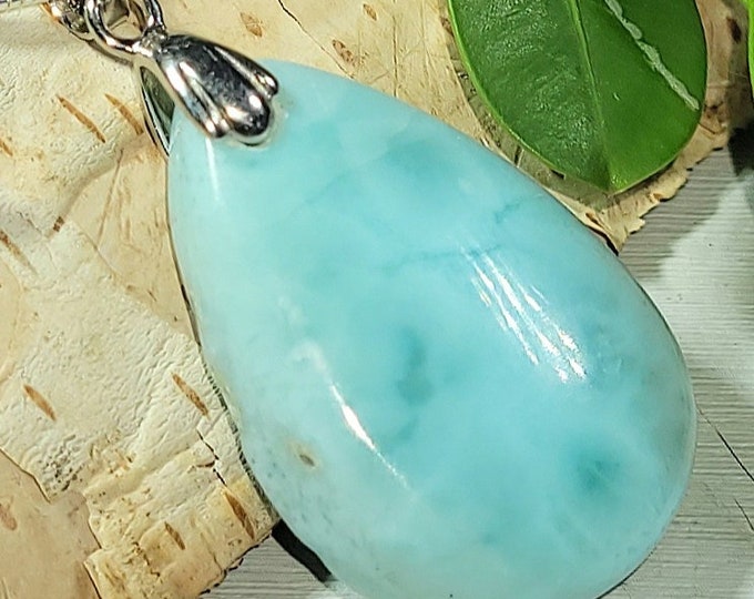 Natural Dominican Larimar Cabochon .925 Sterling Silver Pendant 1 9/16" x 3/4" 7 Grams ET19 Sterling Silver Rhodium Plated Bail