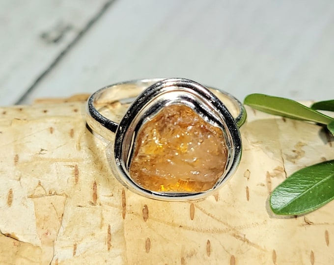 Natural Top Grade Yellow Raw Rough Cut Citrine Handmade Sterling Silver Ring, Size 8 .gift for her CA