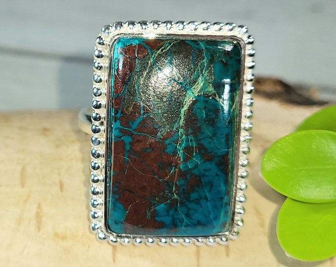 Natural High Quality Shattuckite Handmade Rectangle .925 Sterling Silver Ring Size 9 Genuine Shattuckite Gift for Her