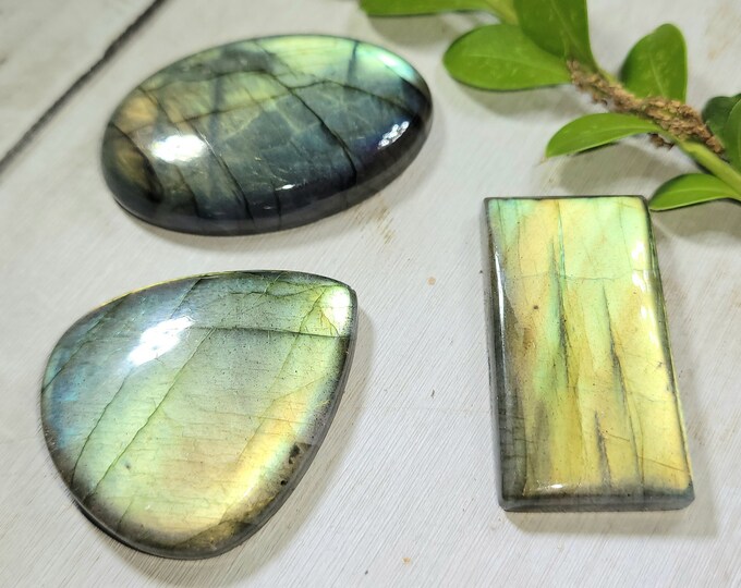 Natural Multi-Flash Labradorite Mixed Cabochons 160ct 3 Stone Lot Wire Wrapping, Weaving, Pendant LE21