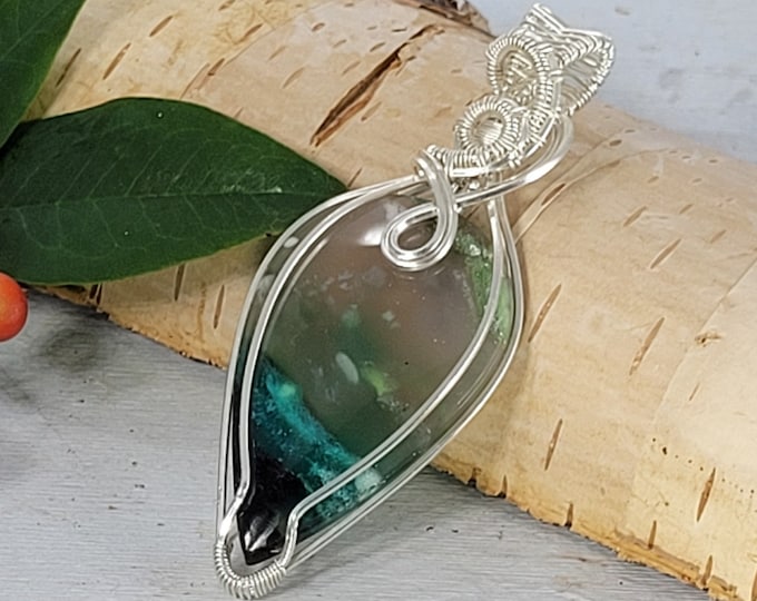 Blue Opal Pendant, Blue Opalized Wire wrapped pendant, Petrified wood opal pendant,Sterling Silver wire wrapped pendant, Petrified wood