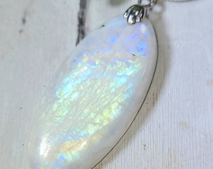 Moonstone Pendant, Rainbow Moonstone Oval Cabochon Sterling Silver Pendant, Full Multi Flash Moonstone, Gift for Her, Handmade Pendant, DR03