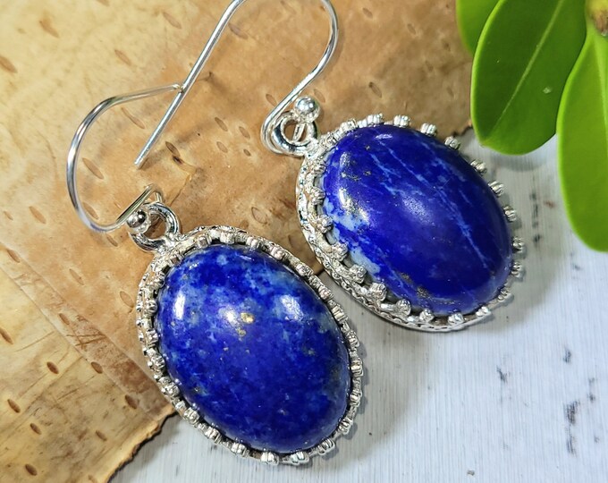 Lapis Lazuli Earrings, Lapis Lazuli Sterling Silver Earrings, Lapis Crown Prong Sterling Silver Earrings. Statement Earrings, FF35