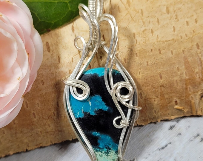 Natural Blue Opalized/Petrified Wood Wire Wrapped .925 Silver Pendant, Sterling Silver Wire Wrapped pendants, Handmade Stone Jewelry DT09