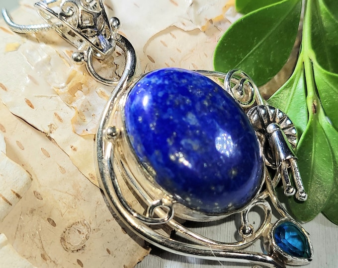 Natural High Quality Lapis Lazuli, Blue Topaz Estate 925 Sterling Silver Pendant 2 1/4" x 1 1/4" 13 Grams P11