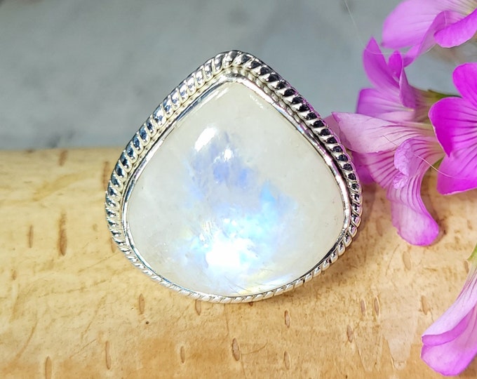 Moonstone Ring, Rainbow Moonstone Sterling Silver Ring, Premium Grade Moonstone Ring, Size 8.5, Statement Ring, Handmade Ring, FG