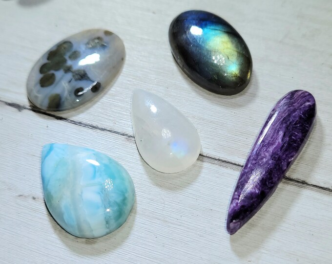 Natural Labradorite, Ocean Jasper, Moonstone, Charoite & Larimar 95ct Cabochons Mixed Lot 5 Stone Wire Wrap, Weaving ML08