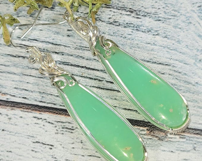 Chrysoprase Sterling Silver Wire Wrapped Earrings: Handmade Designer Jewelry