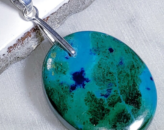 Natural AAA Chrysocolla W/Azurite Oval Cabochon .925 Sterling Silver Pendant EC10 1 3/4" x 1" Heavy Duty Sterling Silver Bail