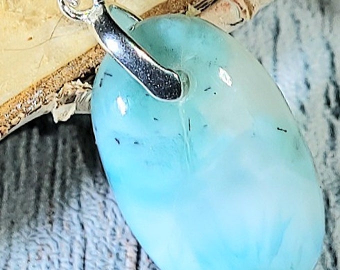 Natural Dominican Larimar Cabochon .925 Sterling Silver Pendant 1 1/4" x 9/16" 3 Grams EG05 Sterling Silver Bail