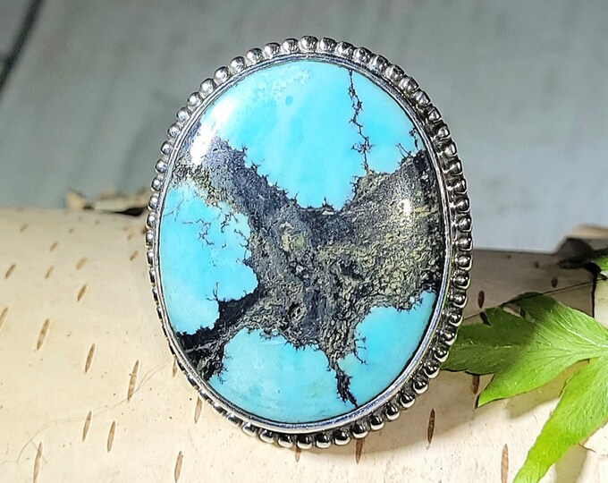 Natural High Grade Tibet Turquoise .925 Sterling Silver Ring Size 8.5 9 Grams Face 1 1/4" x 1" AG03