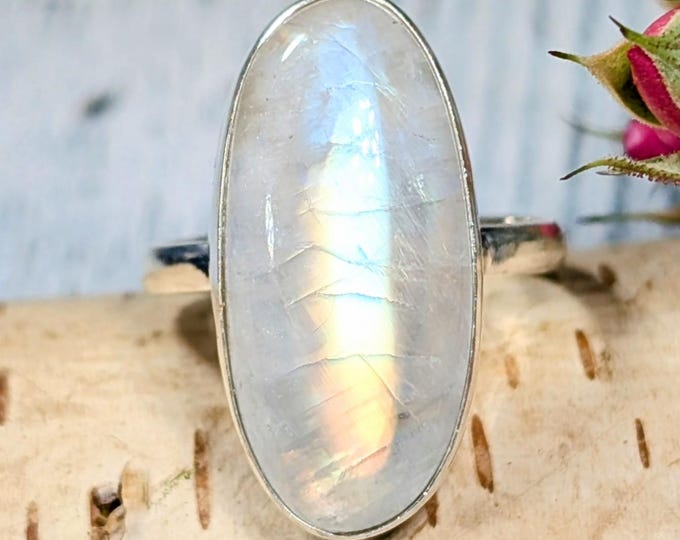 Rainbow Moonstone Sterling Silver Ring: AAA Oval Multi Flash Moonstone Ring Size 9.5; KA19