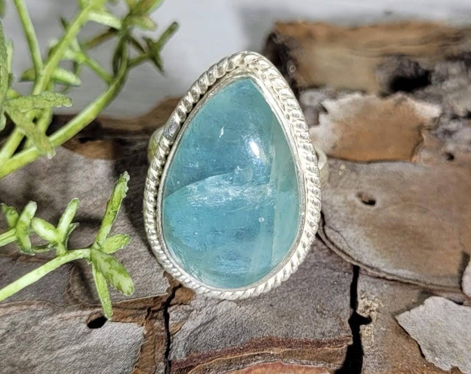 Natural Aquamarine Sterling Silver Ring, Aquamarine Boho Ring, Statement Ring; Handmade Ring, Premium Quality Aquamarine Ring Size 6.5 CZ