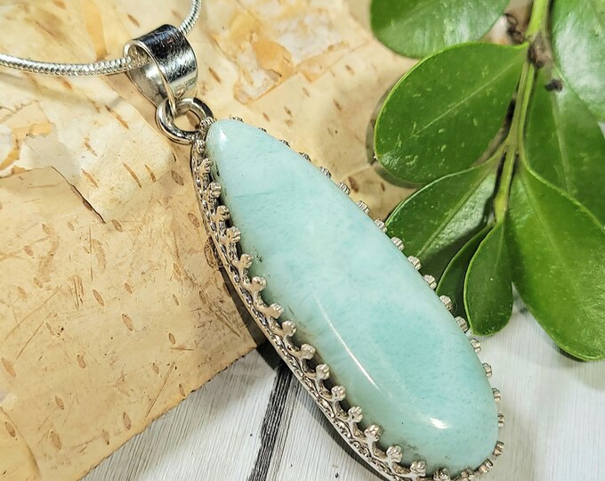 Natural Top Choice Dominican Larimar Handmade .925 Sterling Silver Pendant 2" x 5/8" 11 grams AB32