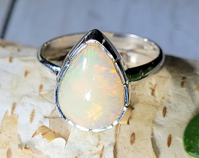 Natural High Grade Multi Color Ethiopian Opal Pear .925 Sterling Silver Ring Size 9 4 Grams 5/8" x 7/16" EZ18