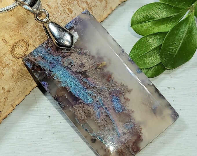 Natural High Grade Plume Purple Moss Agate Cabochon .925 Sterling Silver Pendant 1 7/8" x 13/16" AT17 Custom Fit Sterling Silver Bail